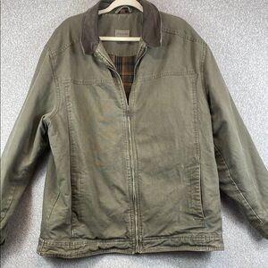 Vtg chore coat men’s XLT leather collar olive green flannel lining grunge Y2K